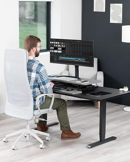 VIVO 36 inch Desk Converter, K Series, Height Adjustable Sit to Stand Riser, Dual Monitor and Laptop Workstation with Wide Keyboard Tray, Gray Top, Black Frame, DESK-V036KG