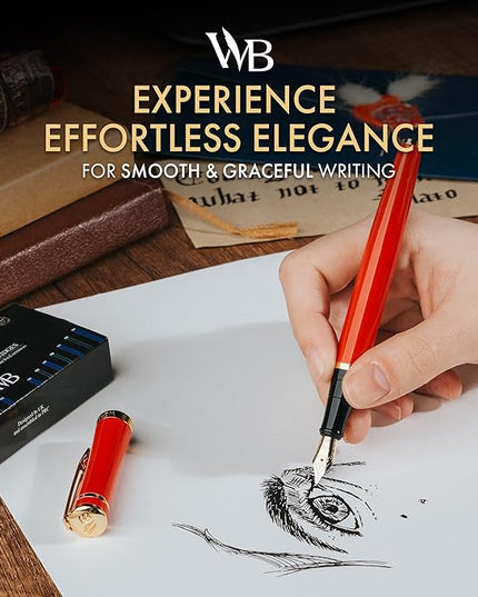 Wordsworth & Black Fountain Pen Set, 18K Gilded Extra Fine Nib, Includes 24 Pack Ink Cartridges, Ink Refill Converter & Gift Box, Gold Finish, Calligraphy, [Crimson Red], Perfect for Men & Women