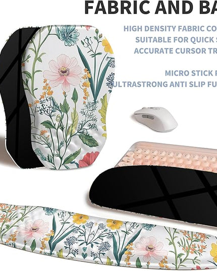 2-in-1 Ergonomic Set, Wave Keyboard Wrist Rest and Massage Slope Mouse Pad Wrist Support, Rebound Memory Foam for Relieve Carpal Tunnel Syndrome and Wrist Pain (Pink Flowers)