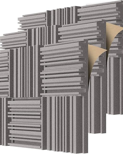 TroyStudio Self-adhesive Acoustic Foam Panels, 12 X 12 X 2 Inches 18 Pcs Broadband Sound Absorbing Foam, Dense Soundproof Padding Tile, Recording Studio Foam Absorber, Groove Decorative Wall Panel