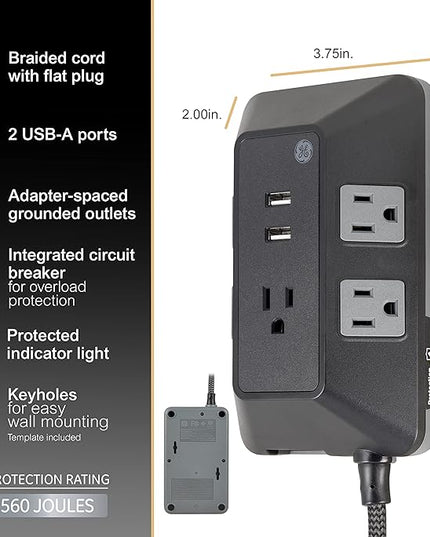 GE UltraPro Adapt 5-Outlet Surge Protector with USB Ports, 2 USB-A Ports, 2.4A, 3ft Braided Cord Power Strip Surge Protector, 560 Joules, Black, 73777