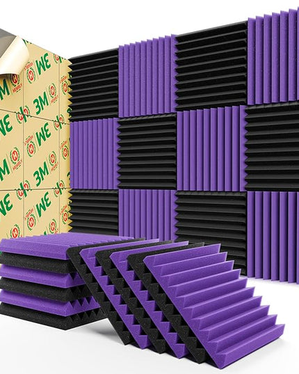 12 Pack Sound Proof Foam Panels for Walls,Self-Adhesive Foam Acoustic Panels Sound Absorbing,High Density Quick-Recovery Soundproof Wall Panels 12" X 12" X 1"-Black and Purple