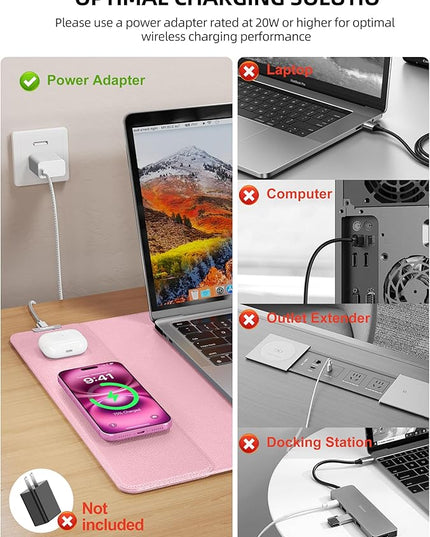 TopMade Mouse Pad with 15W Wireless Charging, XXL Large Leather Desk Mat, Waterproof Gaming Mousepad Home Office Desk Pad Protector, Computer Keyboard Pad, Mouse Mat for MacBook, PC, Laptop, Pink