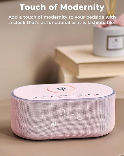 Wireless Charging Alarm Clock Radio: Qi Certified Fast Wireless Charger for iPhone Samsung - 10W Stereo Bluetooth Speaker - Dimmable Digital Clock with FM Radio for Bedroom Pink