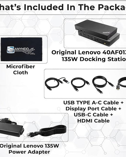 40AF0135US Lenovo Docking Station Dual Monitor Hybrid USB-C with USB-A - 1 Year Warranty, Thinkpad Dock w/ 135W Adapter, HDMI, DisplayPort, USB-C Cable, Cloth - Lenovo Laptop Docking Station