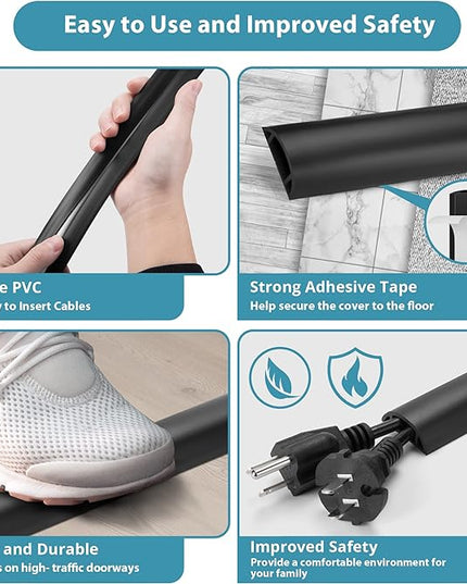 3FT PVC Cord Hider, Black Floor Cord Protector with 0.7 x 0.4 Inch Extension, Soft Wire Covers