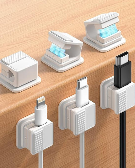 6 Pack Magnetic Cable Clips, Glow in The Dark Cable Holders, GolbinBox Cord Organizer with Shockproof Silicone, Fits up to 8mm Adhesive Cord Clips for Desk, Wall, Nightstand, Car, Home, Office, White
