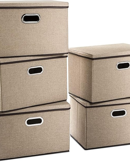 PRANDOM Large Collapsible Storage Baskets with Lids [5-Pack] Jute Fabric Foldable Storage Bins Boxes Organizer Containers Cube with Cover for Home Bedroom Closet Office Nursery (17.7x11.8x11.8)