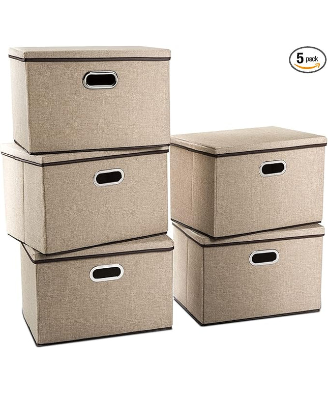 PRANDOM Extra Large Collapsible Storage Bins with Lids [5-Pack] Linen Fabric Foldable Storage Baskets Boxes Organizer Containers Cube with Cover for Bedroom Closet Office Nursery (22.8x15.75x13.8)