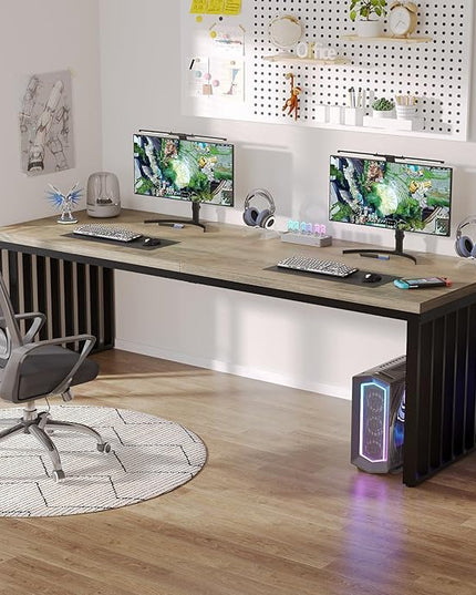 Tribesigns 78.74" Extra Long Computer Desk 2 Person Desk, Double Long Desk with Heavy Duty Metal Frame, Double Workstation Study Table for Home Office, Brown (Without Chair) (Gray & Black)