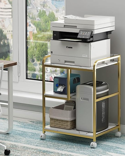 Large Printer Table Stand with Shelf for Computer Tower, CPU and Shredder, 22 x 18 Inch Rolling Printer Cart with Wheels for Home Office Storage and Organization - White Gold