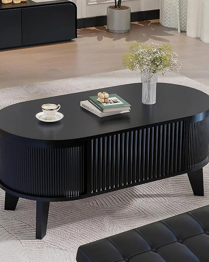 LYNCOHOME Fluted Lift Top Coffee Table with Storage,Modern Oval Coffee Table for Living Room or Home Office(Black)