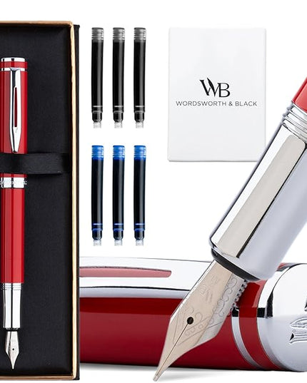 Wordsworth and Black Fountain Pen Mini EDC: Luxury Red Heavy Pocket Pen, Chrome Finish, Medium Nib, 6 Ink Cartridges, Ink Converter, Travel Refillable Writing Pen Gift Set, Men & Women