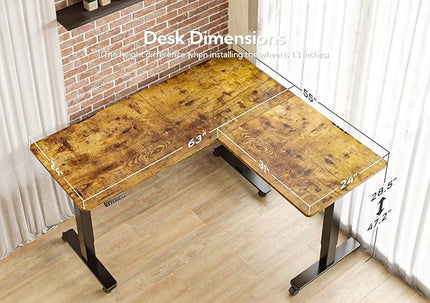 Claiks Triple Motor L-Shaped Standing Desk, 63 x 55 Inch Corner Stand Up Desk, Adjustable Height with Splice Board, Black Frame/Rustic Brown Top