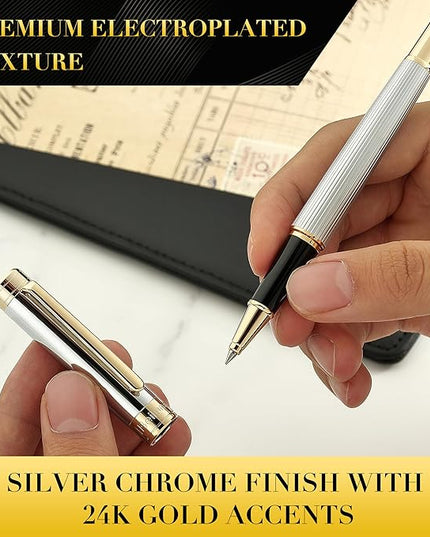 BEILUNER Lighthouse series Rollerball pen, Silver Chrome pen body, exquisite vertical lines, Schneider 850 refill, suitable for men, office, professionals, exquisite and chic designer pen