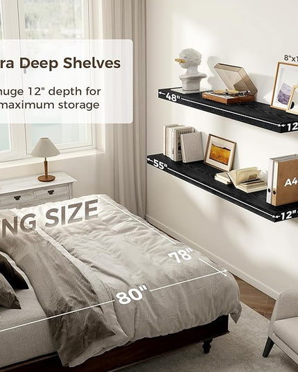 Black Floating Shelves 55 Inch Long, 12 Inch Deep Floating Shelves for Wall, 55 x 9 Large Floating Shelf for Fireplace Mantel, 2" Thicked Wall Shelves for Living Room, Bedroom Storage, 1 Pack