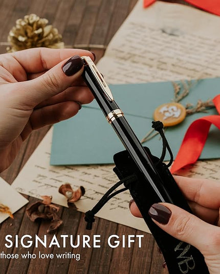 Wordsworth & Black Fountain Pen Set, 18K Gilded Extra Fine Nib, Includes 24 Pack Ink Cartridges, Ink Refill Converter & Gift Pouch, Gold Finish, Calligraphy, [Black Gold], Perfect for Men & Women