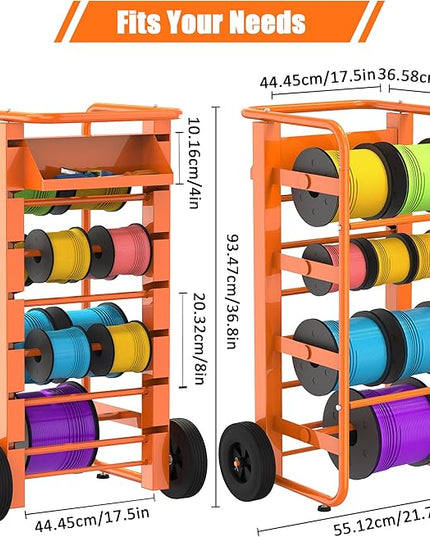 Tredre Orange Wire Spool Rack with Wheels, Heavy Duty Cable Holder with 11 Rods – Mobile Multi-Spool Wire Rack Dispenser with Wheels and Storage Box for Efficient Workplace Cable Management