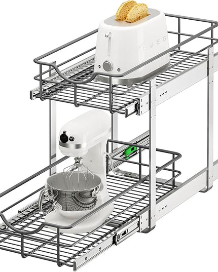 ALINE FURNITURE 2-Tier Pull Out Cabinet Organizer - 11" W x 22" D Soft Close Sliding Shelves with Shelf Liners - Pullout Drawers for Kitchen Cabinets, Pantry, Bathroom, Heavy Duty Steel Wire Baskets
