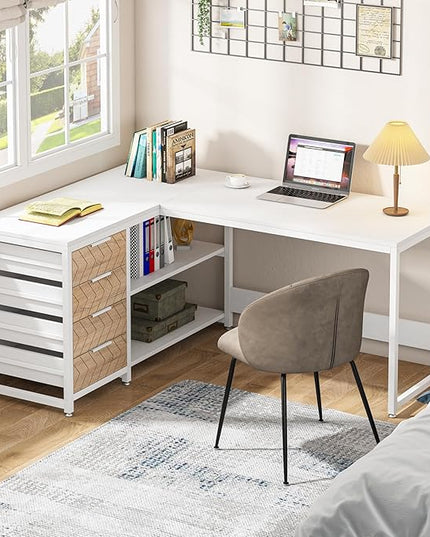Tribesigns L Shaped Computer Desk with Storage Drawers, 59 inch Corner Desk with Shelves, Reversible L-Shaped Office Desk Study Writing Table Workstation for Home Office, White