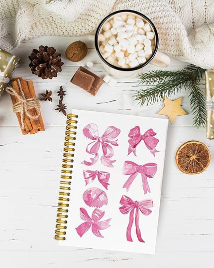 JKBMN Trendy Coquette Pink Bow Notebook Journal, Preppy Watercolor Bows Spiral Notebook, Cute Journaling Notebooks for Girls, Pink Office Supplies, Hardcover Spiral Notebooks College Ruled 5.5 x 8.3