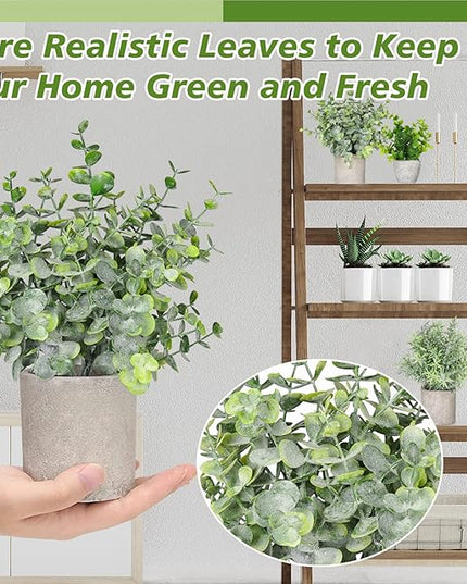 Fake Plants,5Pack Mini Potted Artificial Plant Small Faux Plant Indoor Outdoor for Home Decor,Eucalyptus Greenery Plastic Fake Green Grass Plants for Office Bathroom Shelf Farmhouse Coffee Table Decor