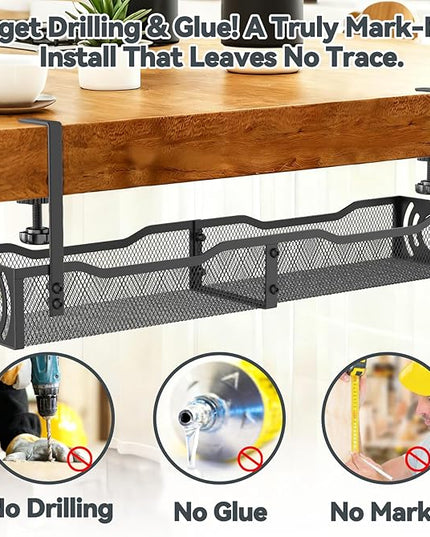 Cable Management, 25.3'' Under Desk Cable Management Tray No Drill, Metal Cable Organizer with Clamp for Wire Management, Cord Organizer for Home Office, Desk Accessories Organizer, Black