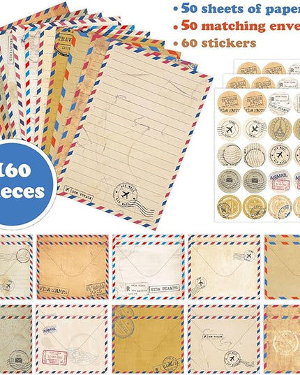 160 Pcs Stationery Paper Envelopes Set Includes 50 Lined Writing Paper & 50 Envelopes with 60 Colorful Round Dot Stickers, Cute Vintage Travel Letter Writing Stationery Paper Envelopes(10Style)