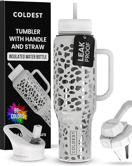 Coldest Tumbler with Handle and Straw, 100% Leak Proof Insulated Tumbler with Lid and Straw (3 Lids), Stainless Steel Tumblers for Women & Men, Cup Holder Friendly, 46 oz (Silver Leopard)