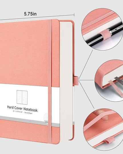 AHGXG Bullet Dotted Journal - 320 Numbered Pages Dot Grid Notebook A5 Thick Journal, 100gsm Thick Dotted Paper, Leather Hardcover,Inner Pocket, 5.75'' × 8.38'' - Pink