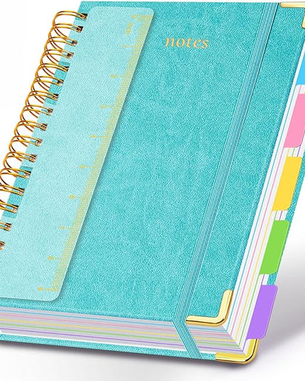 Hardcover Spiral Notebook 8"x10" Journal Notebook with Tabs and Removable Dividers 300 Pages 5 Subject Notebook College Ruled, Faux Leather Spiral Bound Notebook for Women School Work (Blue)