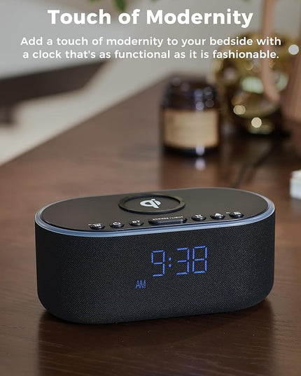 Wireless Charging Alarm Clock Radio: Qi Certified Fast Wireless Charger for iPhone Samsung - 10W Stereo Bluetooth Speaker - Dimmable Digital Clock with FM Radio for Bedroom Black