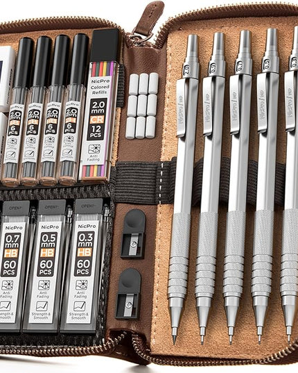 Nicpro 20PCS Metal Mechanical Pencil Set in Leather Case, Art Drafting Pencil 0.3, 0.5, 0.7, 0.9 mm & 2mm Lead Holders, 9 Tube (4B 2B HB 2H Colors) Lead Refills, Erasers For Sketching Drawing