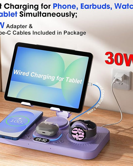 30W Tablet Wireless Charger for Samsung, Foldable Android Charging Station with Clock Display with 7-Color Light, Wireless Watch Charger for S25, Only Compatible Samsung Watch,Galaxy Buds3 Pro(Lilac
