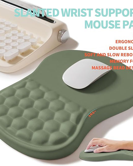 2-in-1 Ergonomic Set, Wave Rise Keyboard Wrist Rest and Massage Bulge Slope Mouse Pad Wrist Support, Cushion Memory Foam Integrated to Relieve Wrist Pain, Olive Green