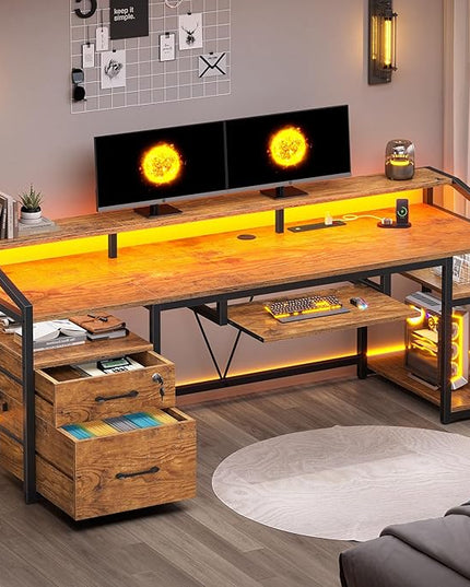 SEDETA 63" Computer Desk, Office Desk with Lock Drawers for Legal/Letter File, Gaming Desk with LED Light & Power Outlet, Home Office Desks for Printer, Rustic Brown