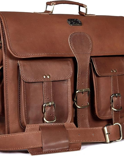 18 Inch Buffalo Leather Laptop Briefcase for Men Vintage Handmade Leather Messenger Bag for Work, Travel & Business – Rustic Brown Full Grain” Best Computer Satchel School distressed Bag