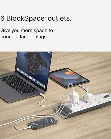 Belkin USB Power Strip Surge Protector - 12 AC Multiple Outlets & 2 USB Ports - 6 ft Long Flat Plug Extension Cord for Home, Office, Travel, Computer Desktop & Charging Brick - White (3,996 Joules)