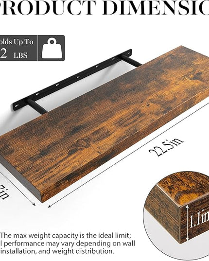 BAYKA Floating Shelves for Wall, 22.5 Inch Rustic Wood Wall Mounted Shelving for Bathroom, Bedroom, Living Room, Kitchen & Book, Hanging Display Decor Shelf with 22 lbs (Rustic Brown,Set of 3)