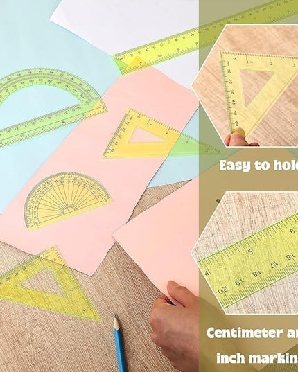 Tenare 1 Set Plastic Clear Math Set Includes Protractor Triangle Rulers 12 Inch 6 Inch Straight Geometry Math Transparent Ruler Measuring Tool for School Office Home Supplies(Yellow)