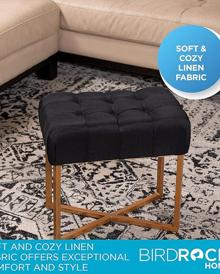 BIRDROCK HOME Rectangular Tufted Foot Stool Ottoman with Soft Padded Cushion - Versatile Vanity Chair for Bedroom, Living Room, Bathroom - Compact Seating for Adults - Black with Pale Gold Metal Legs