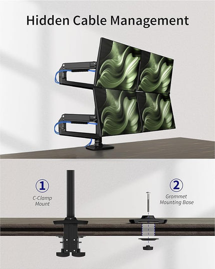 Quad Monitor Mount, Holds Screens up to 40 Inches and 25 lbs, Fully Adjustable 4 Monitor Mount with C-Clamp and Grommet Base, Aluminum, Black