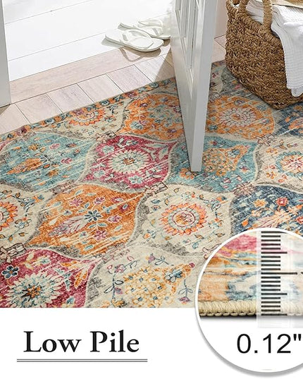 Lahome Moroccan Washable Area Rugs 8x10, 8x10 Rugs for Living Room Bedroom, Ultra-Thin Oriental Non-Slip Foldable Non Shedding Accent Large Carpet for Office Dining Room, Cream/Multi