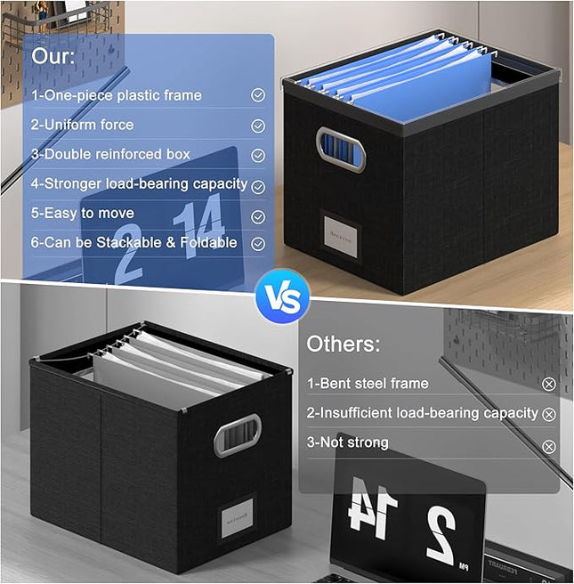 File Organizer Box - File Boxes for Hanging Files with Lid Set of 4 Decorative Hanging Folders Organizer with One-Piece Plastic Frame Slides (Black, 13.2 * 10.1 * 10.1in(4Pack))