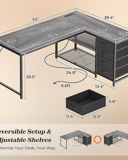 PRAISUN 53" L Shaped Desk with Power Outlets and USB-C Port, Reversible Computer Corner Office Desk with 4 Fabric Drawers and 2 Height-Adjustable Shelves, Large for Gaming Writing Work Study, Grey