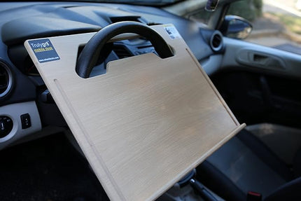 The Executive steering wheel desk measures 17” 3/4” × 13 7/8” provides a stable surface for most laptops, tablets, phones, and paperwork.