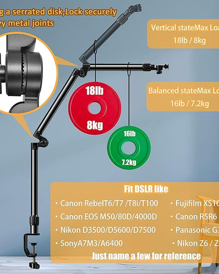 Overhead Camera Mount Desk Stand, Bearing 18lb, Base& Top 360° Adjustable, with 1/4“ 3/8" 5/8" Screw, 3-Section Flexible Articulating Metal Arm for DSLR Camera/Webcam