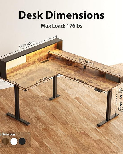 Agilestic L-Shaped Electric Standing Desk, 63x55 Inch Ergonomic Adjustable Height Desk with Storage, Stand Up Corner Desk Sit Stand Computer Table Power Outlet & LED Lights, Office Table, Rustic Brown