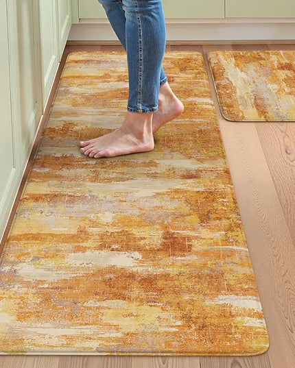 Collive Kitchen Mats Cushioned Anti Fatigue, Fall Modern Abstract Kitchens Floor Mat Non Skid Waterproof Sink Rugs, Memory Foam Comfort Standing Carpet for Office, 20" x 47" + 20" x 32"-Orange