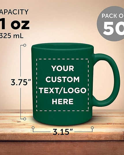 Custom Ceramic Coffee Mugs 11 oz. Set of 50, Personalized Bulk Pack - Coffee cup set, Iced coffee cup, Gaming mug - Green